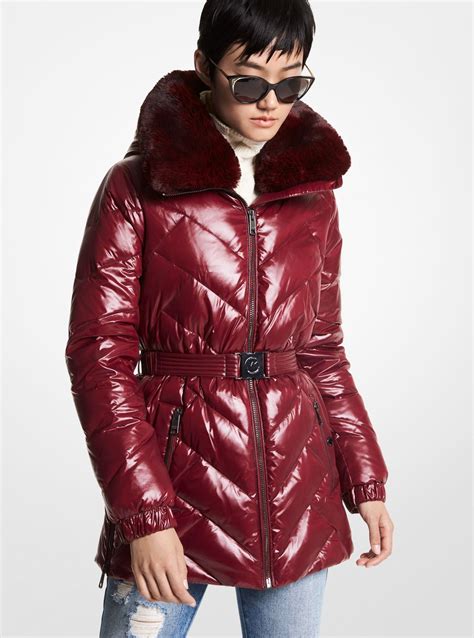 michael kors faux fur trim belted puffer jacket